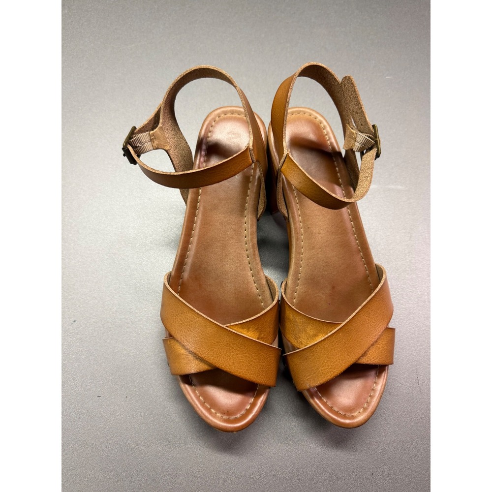 MIA Tan Leather Wooden Platform Clog Sandals Brown Ankle Strap Size 8